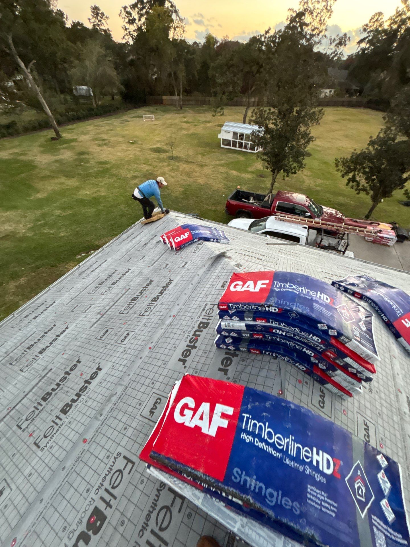 GAF Timberline HDZ architectural shingles staged on a Houston, TX roof replacement job by Roof Repair Services Master Elite contractor